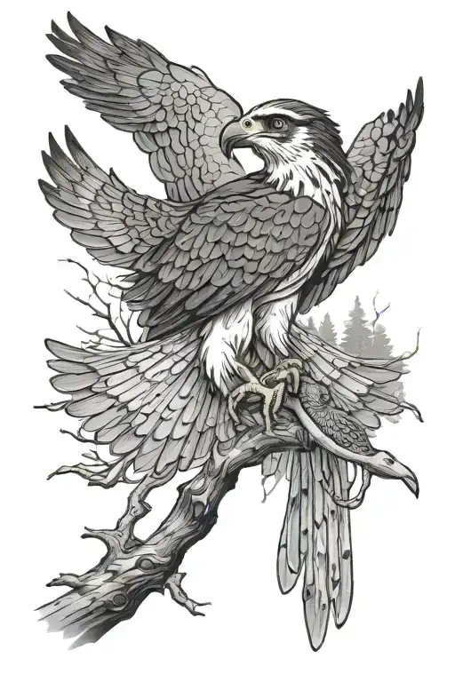 osprey holding a small trout from the river in the forest tattoo design idea