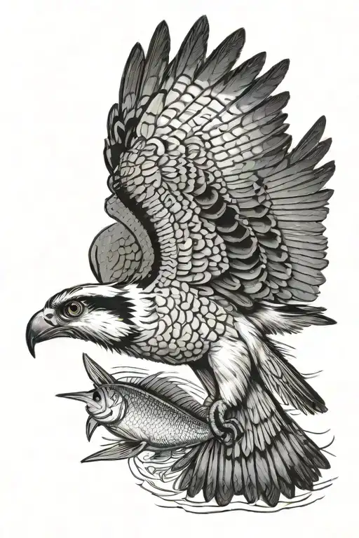 osprey bird of prey flying and catching a small arctic grayling fish in its talons tattoo design idea