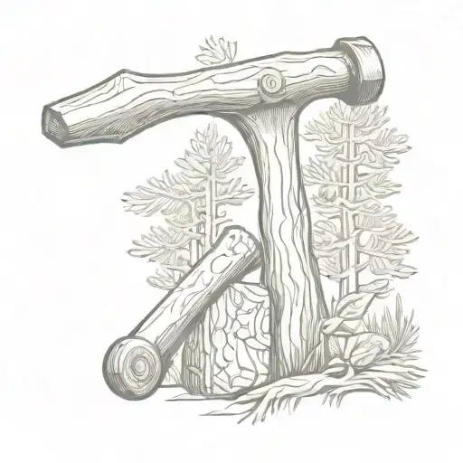 A sketch style tattoo of a carpenter's hammer surrounded by pine trees and wildlife tattoo design idea