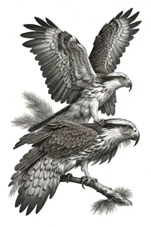 osprey holding a small trout from the river in the forest tattoo design idea