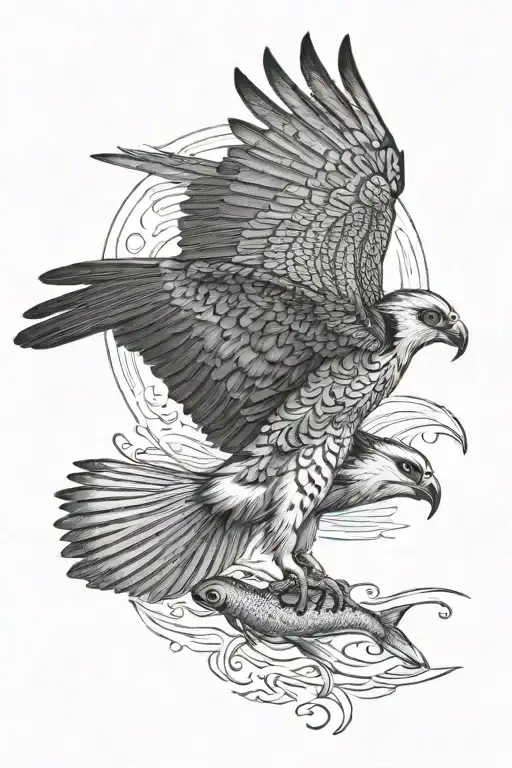 osprey bird of prey catching an arctic grayling fish alaska tattoo design idea