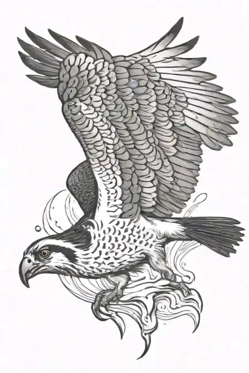 osprey bird of prey flying and catching a small arctic grayling fish from the river tattoo design idea