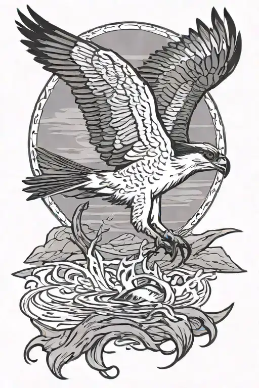 osprey bird of prey flying and catching a small arctic grayling fish from the river tattoo design idea