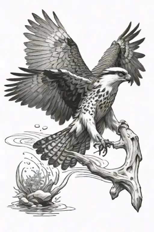 osprey flying catching a small trout from the water in the forest tattoo design idea