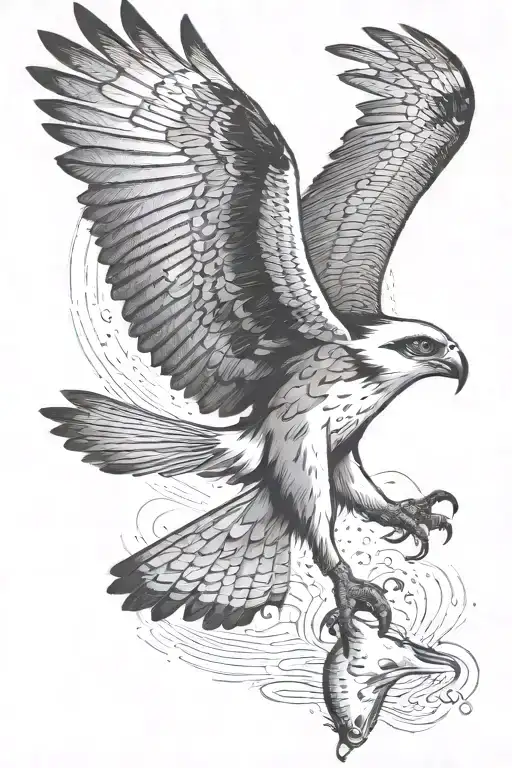 osprey bird of prey flying and catching a small arctic grayling fish in its talons tattoo design idea