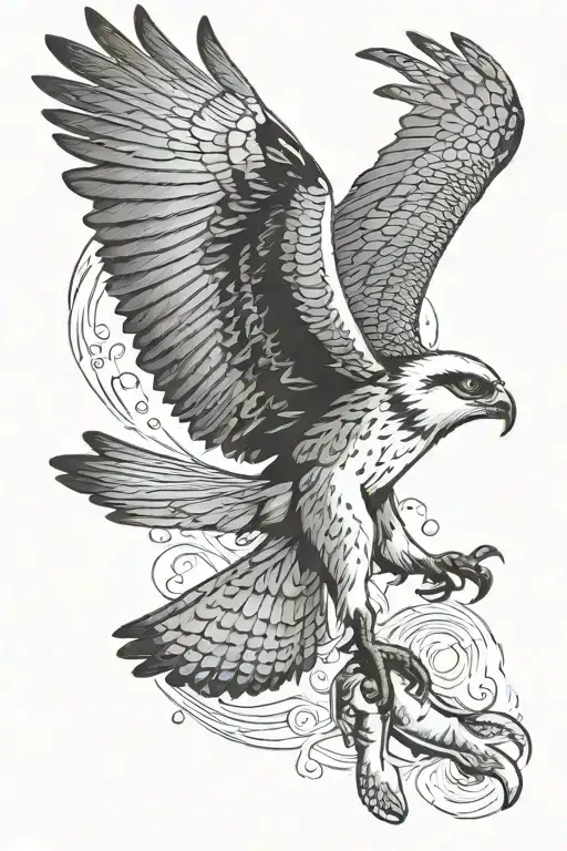 osprey bird of prey flying and catching a small arctic grayling fish in its talons tattoo design idea