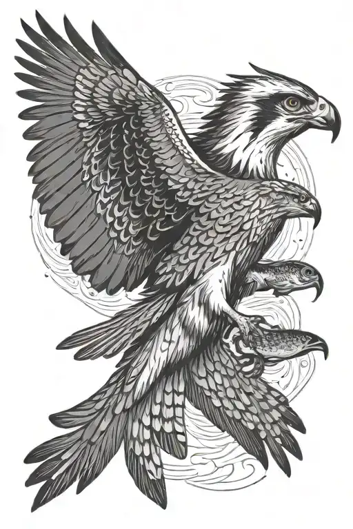 osprey bird of prey flying and catching a small arctic grayling fish in its talons tattoo design idea