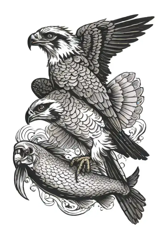 osprey bird of prey flying and catching a small arctic grayling fish in its talons tattoo design idea