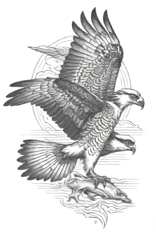 osprey bird of prey catching an arctic grayling fish alaska tattoo design idea