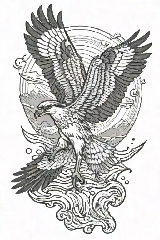 osprey bird of prey flying and catching a small arctic grayling fish from the river tattoo design idea