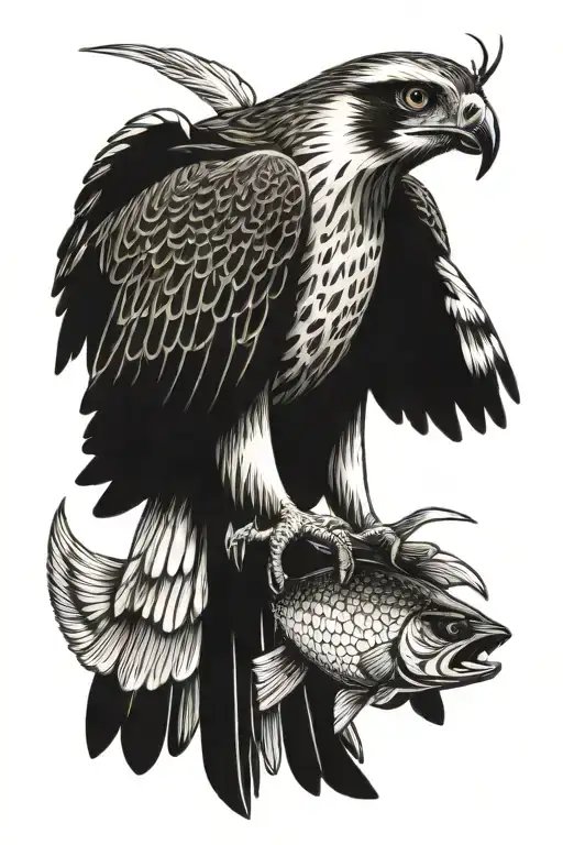 osprey bird of prey catching a small arctic grayling fish in its talons tattoo design idea