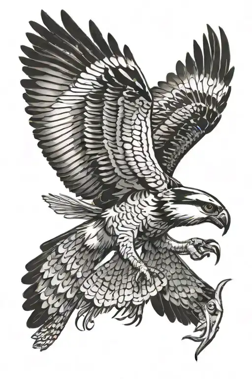osprey bird of prey flying and catching a small arctic grayling fish in its talons tattoo design idea