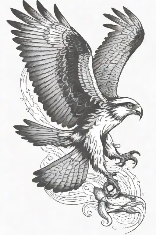 osprey bird of prey flying and catching a small arctic grayling fish in its talons tattoo design idea