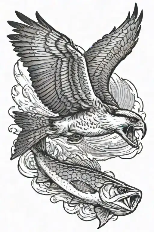 osprey bird of prey catching an arctic grayling fish canoe tattoo design idea