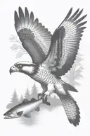 an osprey flying and holding a small trout near the river in the forest tattoo design idea