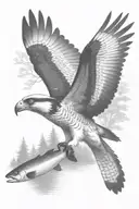 an osprey flying and holding a small trout near the river in the forest tattoo design idea