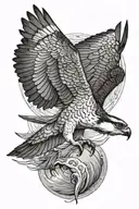 osprey bird of prey flying and catching a small arctic grayling fish from the river tattoo design idea