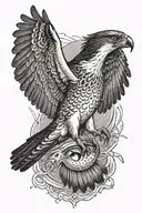 osprey bird of prey flying and catching a small arctic grayling fish from the river tattoo design idea