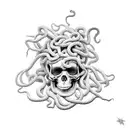 Medusa head with hissing snakes. Medusa's body is a skeleton wrapped in floral vines tattoo design idea