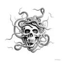 Medusa head with hissing snakes. Medusa's body is a skeleton wrapped in floral vines tattoo design idea
