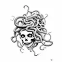 Medusa head with hissing snakes. Medusa's body is a skeleton wrapped in floral vines tattoo design idea