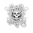 Medusa head with hissing snakes. Medusa's body is a skeleton wrapped in floral vines tattoo design idea