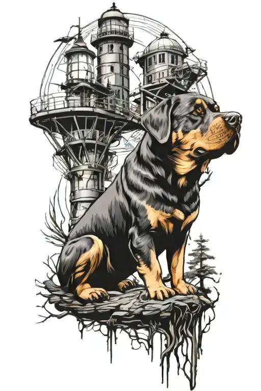 Rottweiler woods lighthouse  tattoo design idea