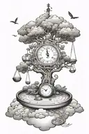A scale with a decision tree on one side and a cloud of indecision on the other, representing the struggle of making decisions tattoo design idea