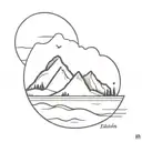 tranquility, calmness, beach, ocean, mountain in background, extremely simple  tattoo design idea