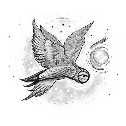 Old school motorcycle transformed into a majestic owl soaring through a starry night sky tattoo design idea