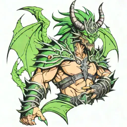 King of Darkness with Green Dragon Royal Berserker Armor,Black Horns,Green Dragon Wings with Black Wing Web tattoo design idea