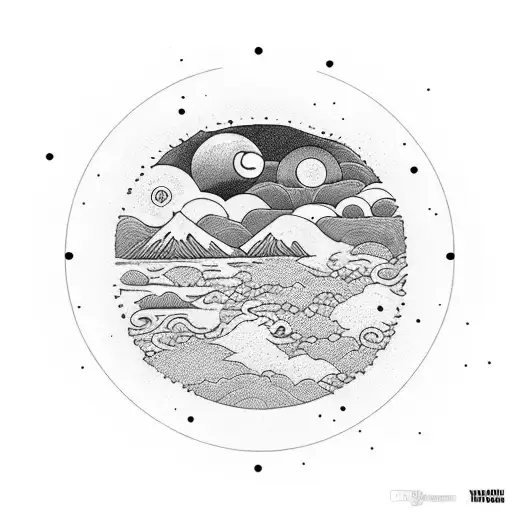 circle with 4 equal parts and each compartment have the elements of nature like night and day mountains and sea ocean sk tattoo design idea