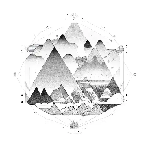circle with 4 equal parts and each compartment have the elements of nature like night and day mountains and sea ocean sk tattoo design idea