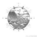circle with 4 equal parts and each compartment have the elements of nature like night and day mountains and sea ocean sk tattoo design idea