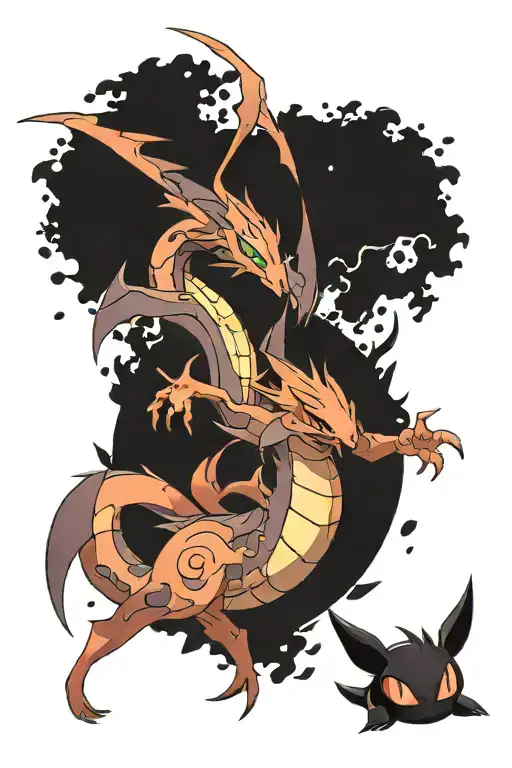 Pokémon leg sleeve. the Pokémon that should be included are Rayquaza, darkrai, charizard, gengar  tattoo design idea