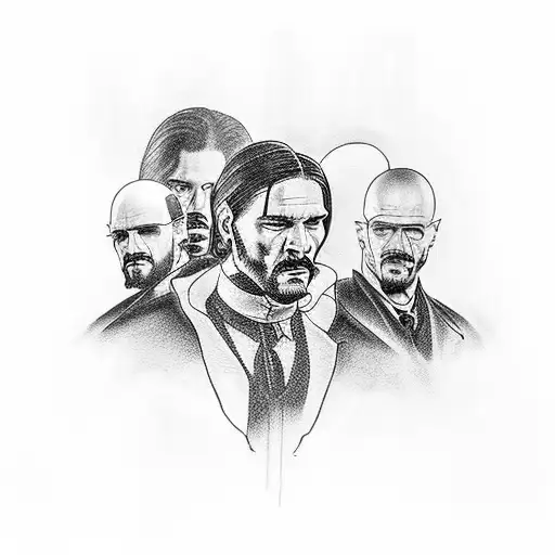 tattoo of Tony Soprano, Tommy Shelby, Walter White, John Wick and Billy Butcher in the style of Death Row Records tattoo design idea