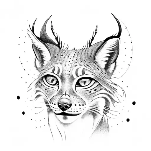 A dotwork tattoo of a lynx listening to music with forget-me-not flowers in the background tattoo design idea