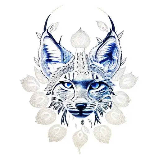 A dotwork tattoo of a lynx listening to music with forget-me-not flowers in the background tattoo design idea