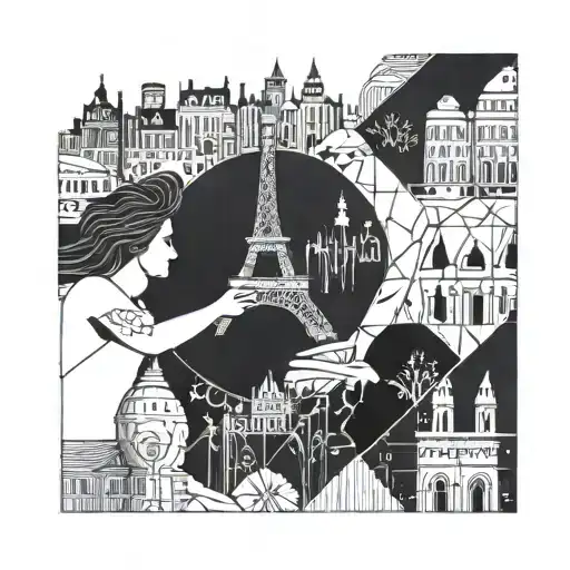Two persons holding hands looking at a mix of different cities: Paris, Miami, Montreal tattoo design idea