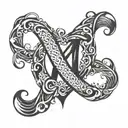 heart intertwined with letters m+t= infinity sign tattoo design idea