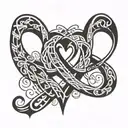 heart intertwined with letters m+t= infinity sign tattoo design idea