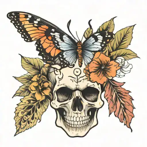 skull with 4 flowers and 1 butterfly tattoo design idea