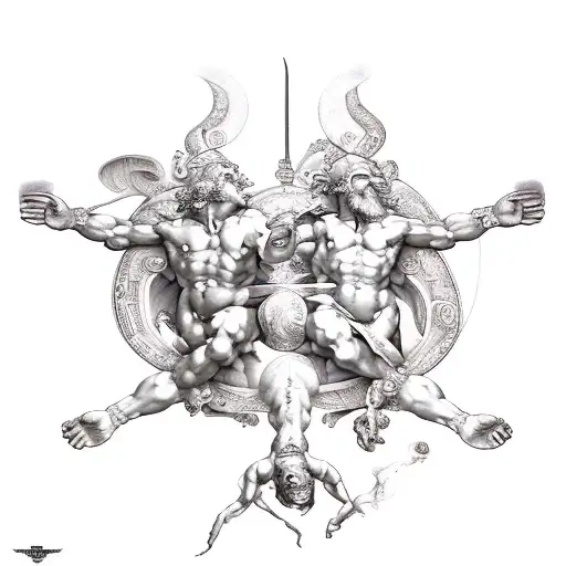 Sistine Chapel type style but for a backtattoo, but image picturing good vs evil in a epic battle for victory tattoo design idea