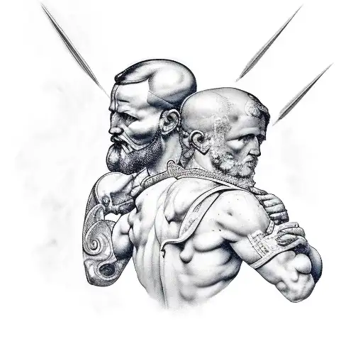 Sistine Chapel type style but for a backtattoo, but image picturing good vs evil in a epic battle for victory tattoo design idea