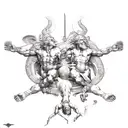 Sistine Chapel type style but for a backtattoo, but image picturing good vs evil in a epic battle for victory tattoo design idea