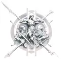 Sistine Chapel type style but for a backtattoo, but image picturing good vs evil in a epic battle for victory tattoo design idea