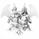 Sistine Chapel type style but for a backtattoo, but image picturing good vs evil in a epic battle for victory tattoo design idea