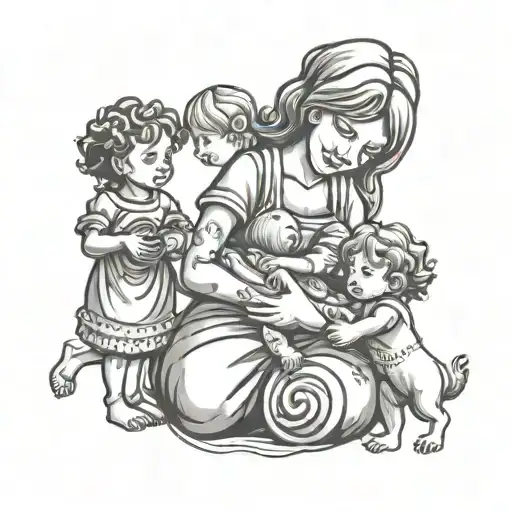 A tattoo design of a mother holding her children's hands, with each child represented by a unique symbol or image that represents their favorite things, such as a toy or hobby. tattoo design idea