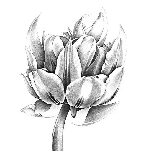 A black-grey tattoo of a stylish shopping bag filled with blooming tulips and musical instruments tattoo design idea