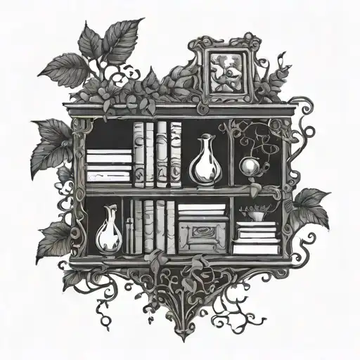 A gothic-inspired bookshelf filled with dark flowers and vines tattoo design idea